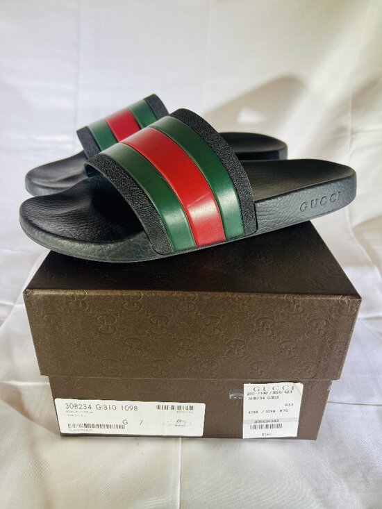 Gucci Men\'s Slide Sandals 308234 GIB10 Black Green Red Striped Rubber Size 7